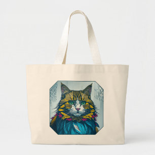 Cat Ate The Canary Feather Colourful Portrait Ar Large Tote Bag