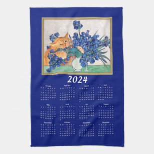 Cat Attacking Van Gogh Irises Funny 2024 Calendar Tea Towel