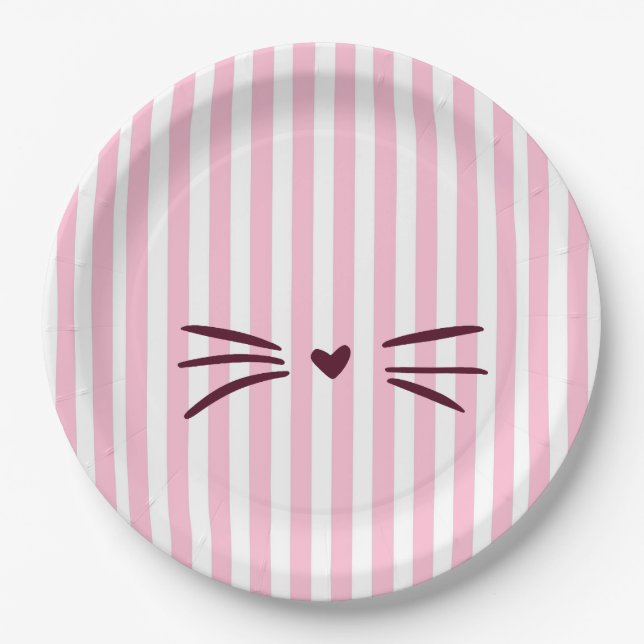 Cat Baby Shower, Baby Girl, Pink Stripes Paper Plate (Front)