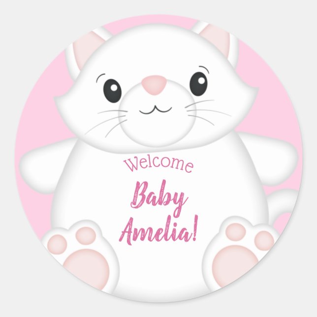 Cat Baby Shower Kitty Pink Classic Round Sticker (Front)