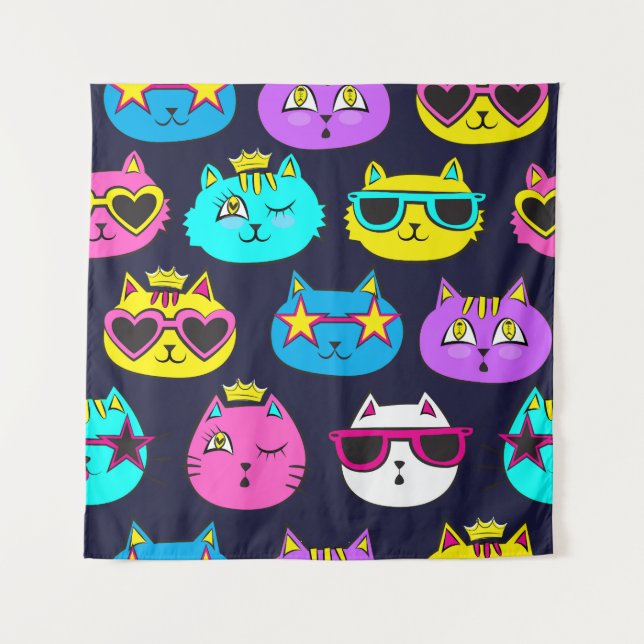 Cat badges, pop art textile tapestry (Front)