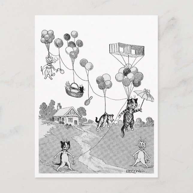 Cat Balloon Trip, Louis Wain Postcard (Front)