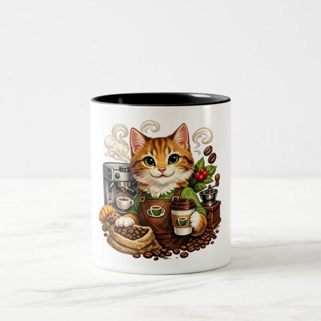 Cat Barista Coffee Lover Two-Tone Coffee Mug (Center)