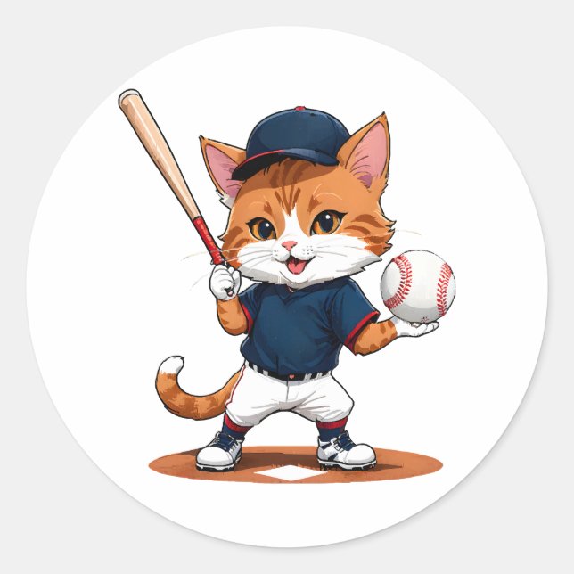 Cat baseball player classic round sticker (Front)