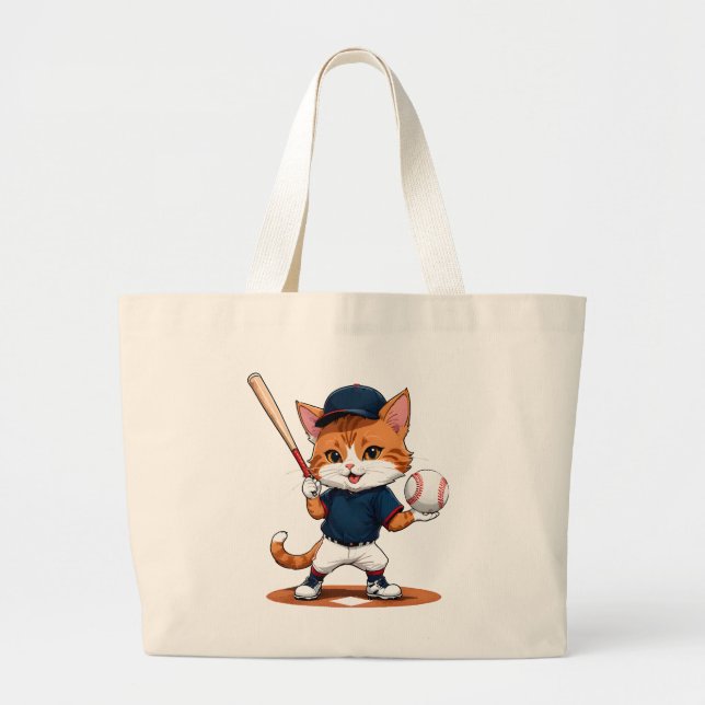 Cat baseball player large tote bag (Front)