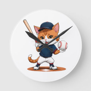 Cat baseball player round clock