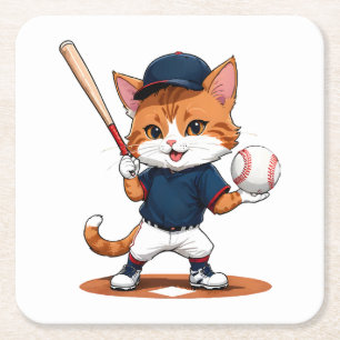 Cat baseball player square paper coaster