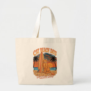 Cat Beach Days Retro Orange Tabby Cat Large Tote Bag