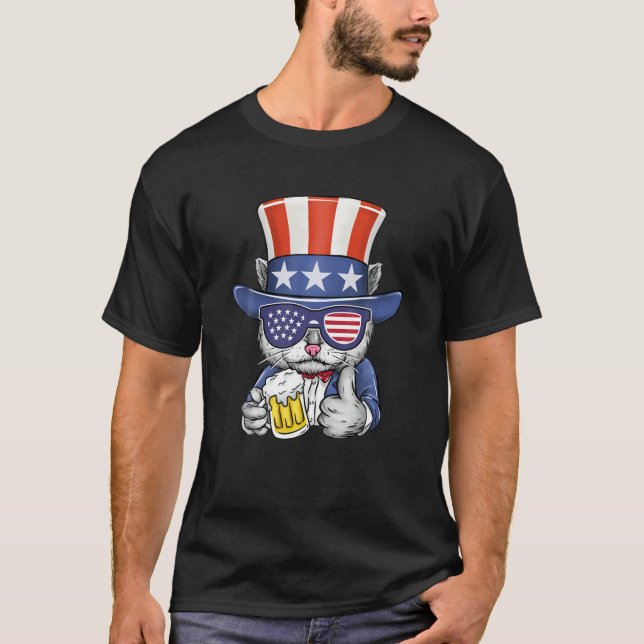 Cat Beer American Flag 4Th Of July Men Women Ameri T-Shirt (Front)