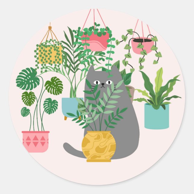 Cat Between Plants Funny Classic Round Sticker (Front)