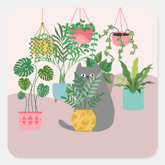 Cat Between Plants Funny Square Sticker (Front)