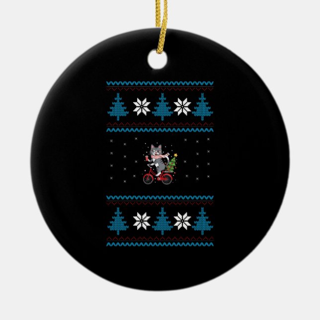 Cat Bicycle Ugly Christmas Ceramic Tree Decoration (Front)