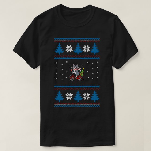 Cat Bicycle Ugly Christmas T-Shirt (Design Front)