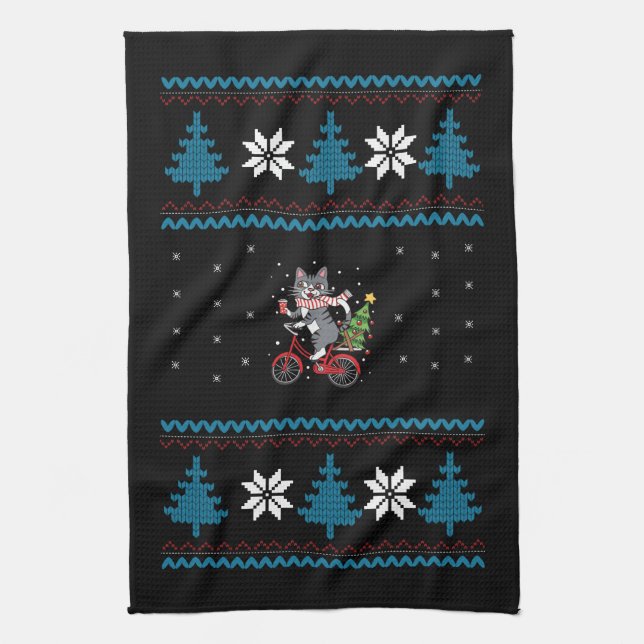 Cat Bicycle Ugly Christmas Tea Towel (Vertical)