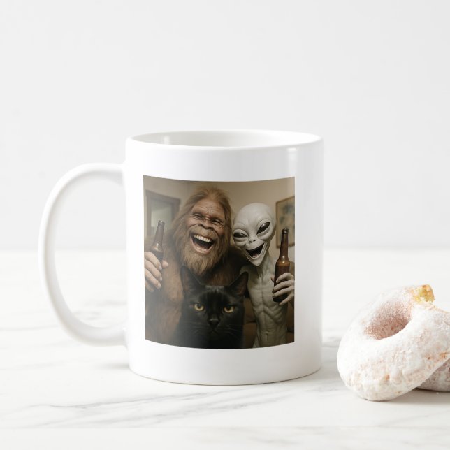 Cat Bigfoot Alien Selfie BFF Funny Photo With UFO Coffee Mug (With Donut)
