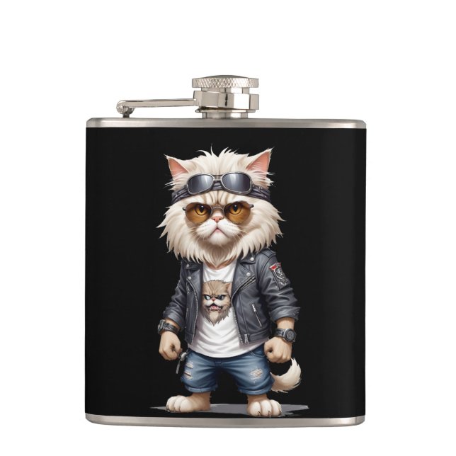 Cat Biker Rebel in Leather Jacket Cool Style Urban Hip Flask (Front)