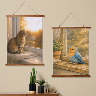 Cat & Bird Window Companions Tapestry Pair