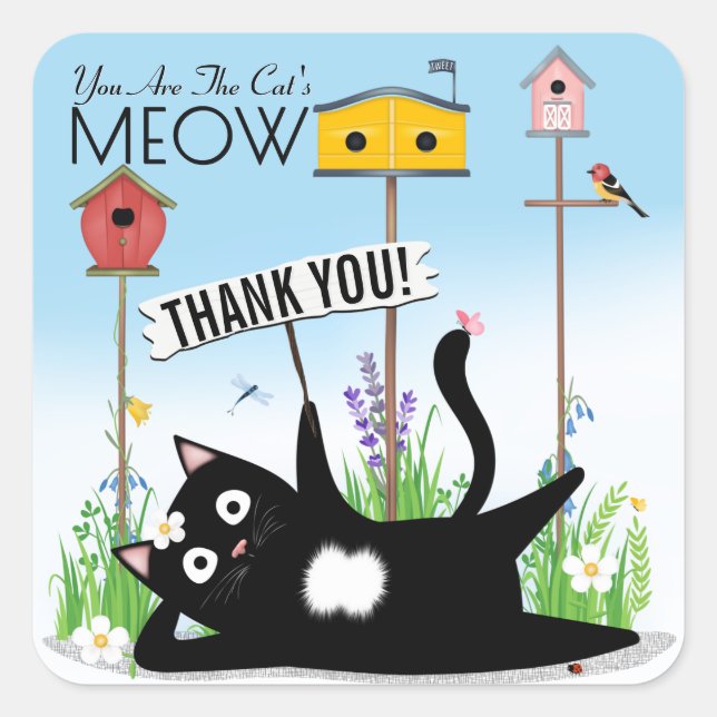 Cat Birds Garden Thank You Square Sticker (Front)