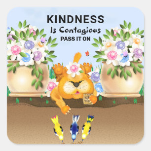 Cat Birds Spring Garden Friendship Kindness Square Sticker