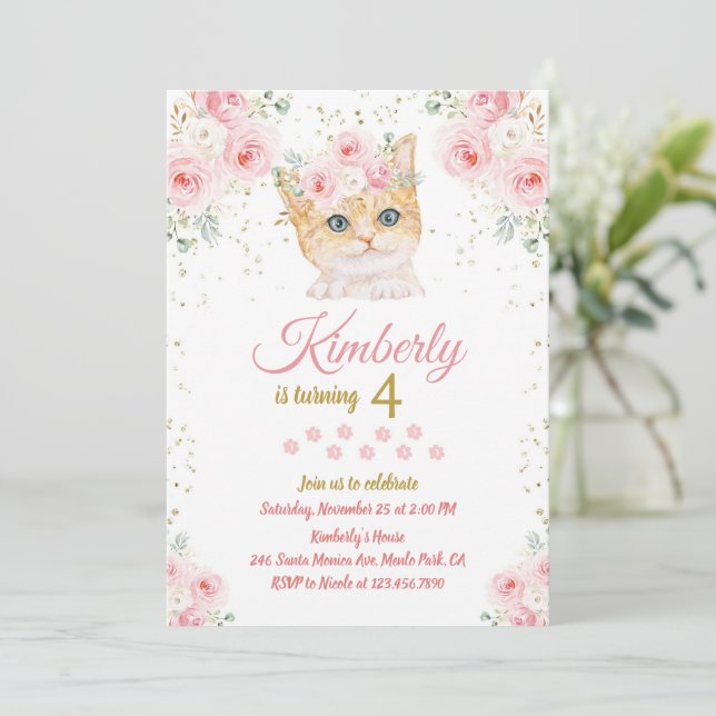 Cat Birthday Invitation Kitten Party Pawty Girl (Standing Front)