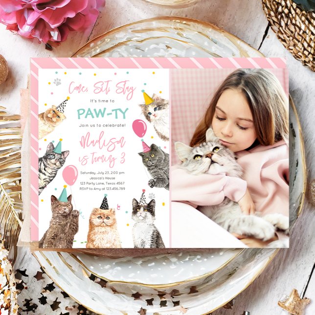 Cat Birthday Invitation Kitten Party Pawty Girl (Creator Uploaded)
