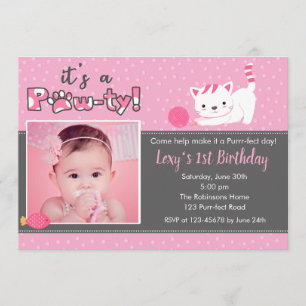 Cat Birthday Invitations with Photo (Girls) Pink