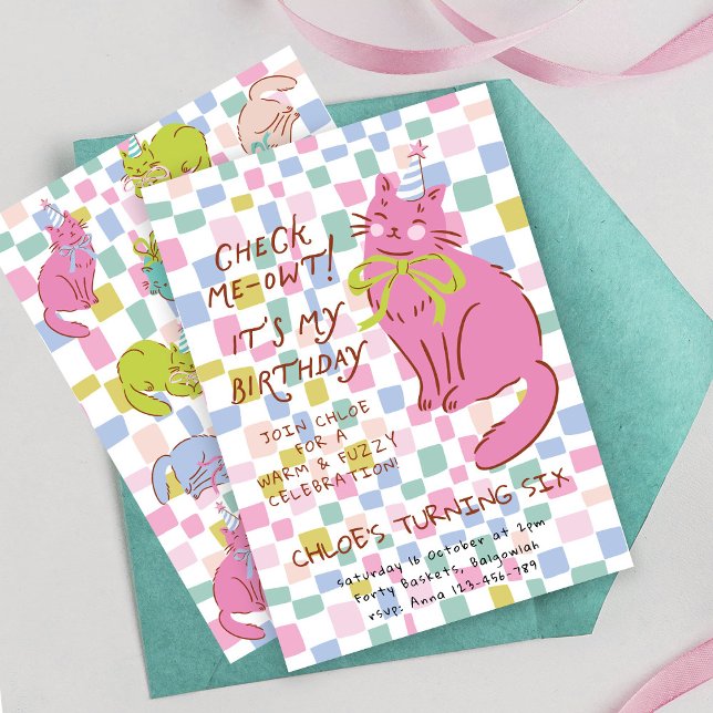 Cat Birthday Invite, Girls Party Invite, Retro Cat Invitation (Creator Uploaded)