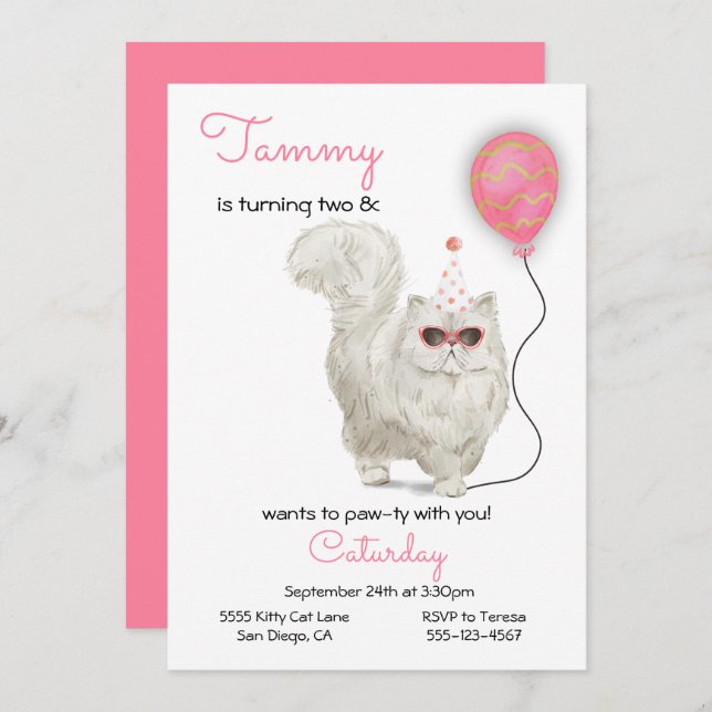 Cat Birthday Party Invitation (Front/Back)