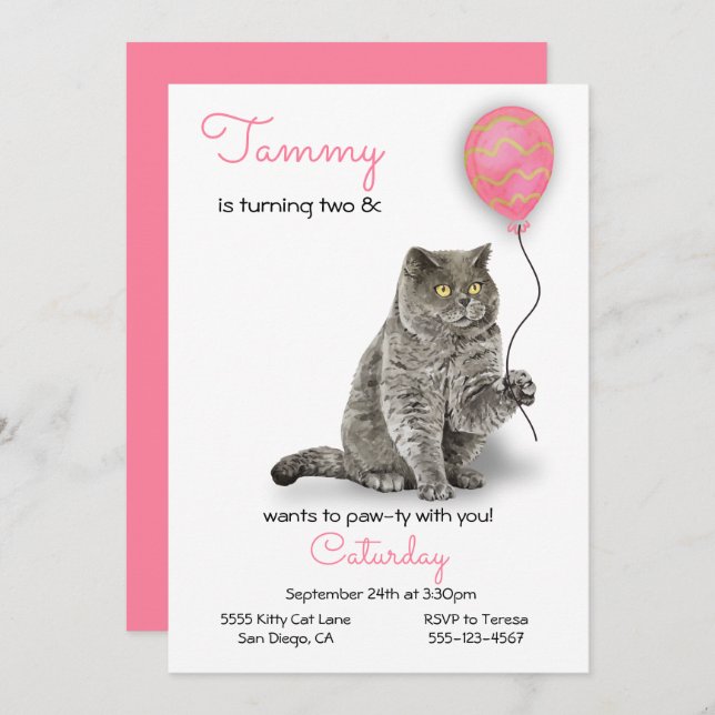 Cat Birthday Party Invitation (Front/Back)