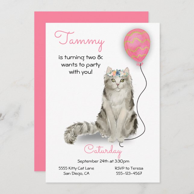 Cat Birthday Party Invitation (Front/Back)