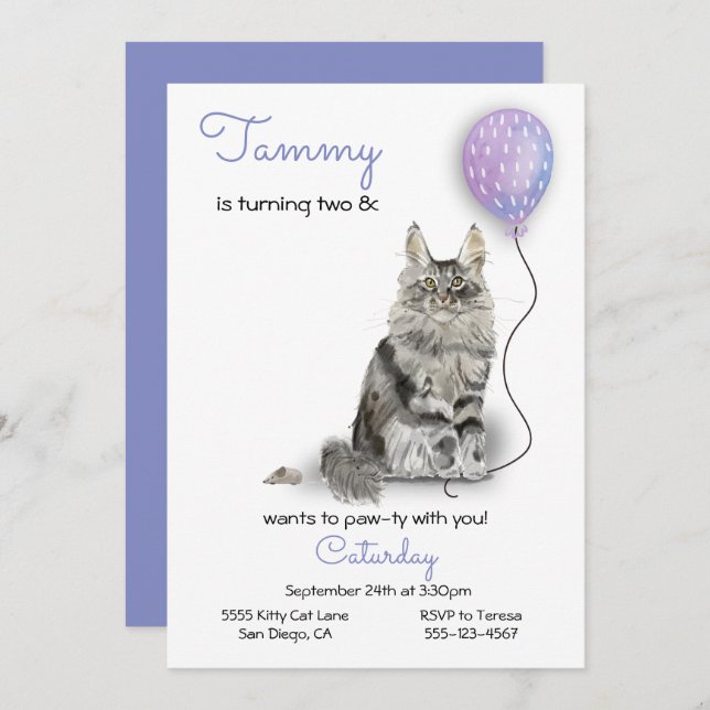 Cat Birthday Party Invitation (Front/Back)