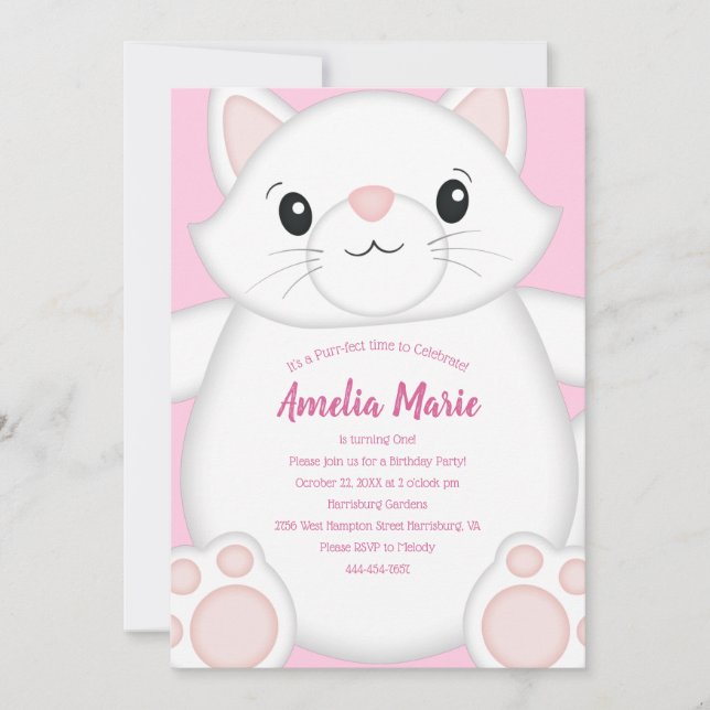 Cat Birthday Party Kitty Pink Invitation (Front)