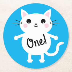 Cat Birthday Party Round Paper Coaster