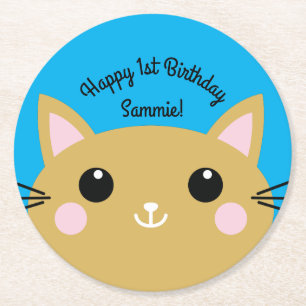 Cat Birthday Party Round Paper Coaster