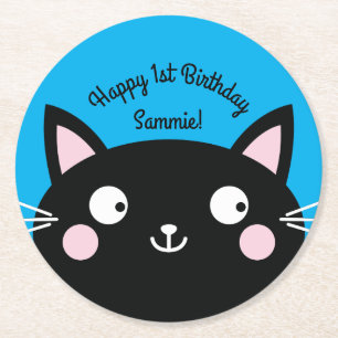 Cat Birthday Party Round Paper Coaster