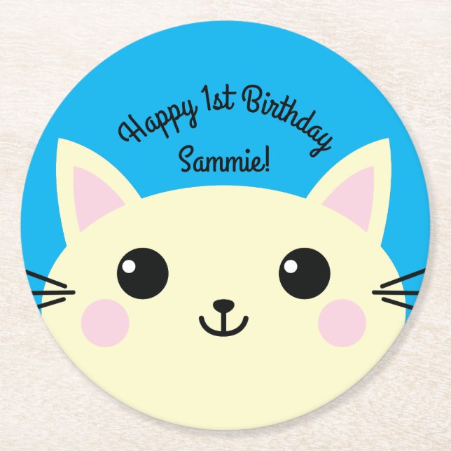 Cat Birthday Party Round Paper Coaster (Front)
