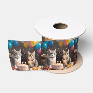 Cat Birthday Party With Cake And Balloons, Satin Ribbon