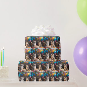 Cat Birthday Party With Cake And Balloons, Wrapping Paper