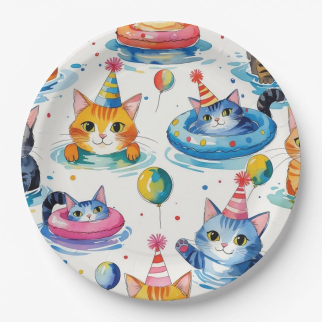 Cat Birthday Pool Party for  Cat Lovers  Paper Plate (Front)
