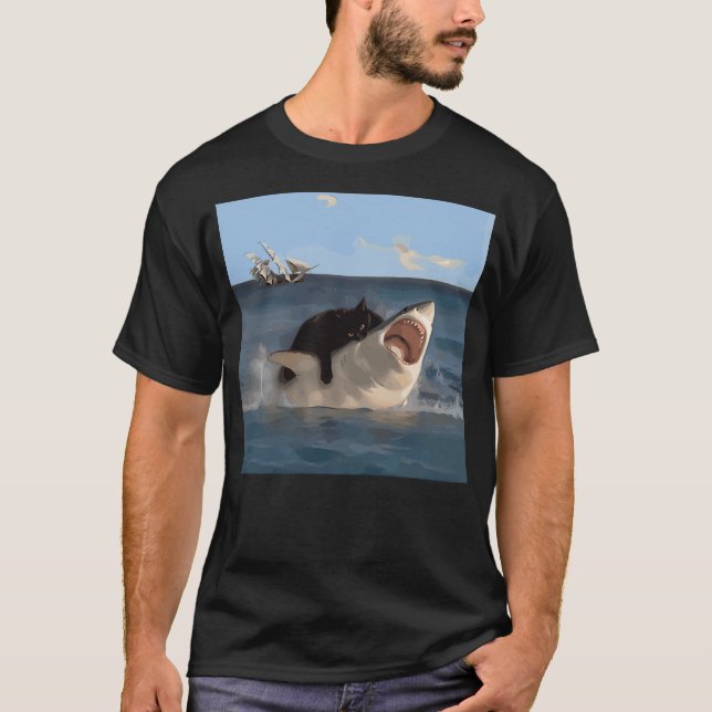 Cat Biting Shark Funny Art and Cat Lover Funny Cat T-Shirt (Front)