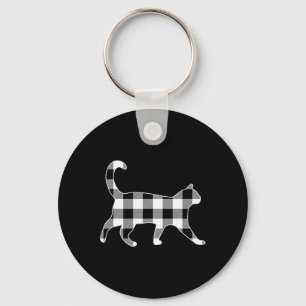 Cat Black And White Buffalo Plaid Merry Christmas  Key Ring