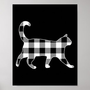 Cat Black And White Buffalo Plaid Merry Christmas Poster