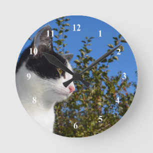 Cat Black and White Profile Photo Round Clock
