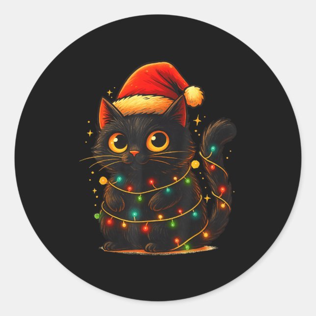 Cat Black Christmas Tree Lights Funny Santa Kitten Classic Round Sticker (Front)