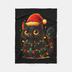 Cat Black Christmas Tree Lights Funny Santa Kitten Fleece Blanket