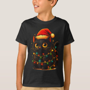 Cat Black Christmas Tree Lights Funny Santa Kitten T-Shirt