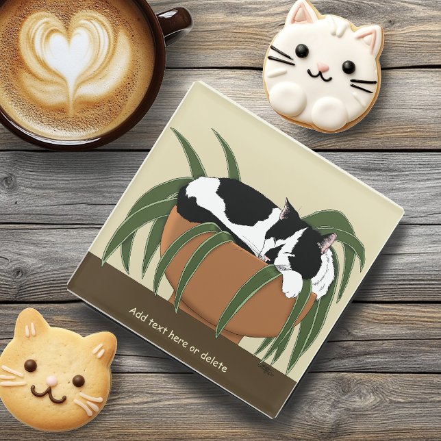 Cat Black White Plant Funny Glass Coaster (Creator Uploaded)