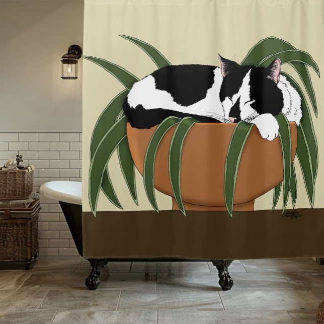 Cat Black White Plant Funny Shower Curtain (Creator Uploaded)