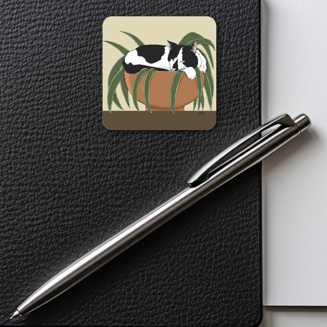 Cat Black White Plant Funny Square Sticker (Creator Uploaded)