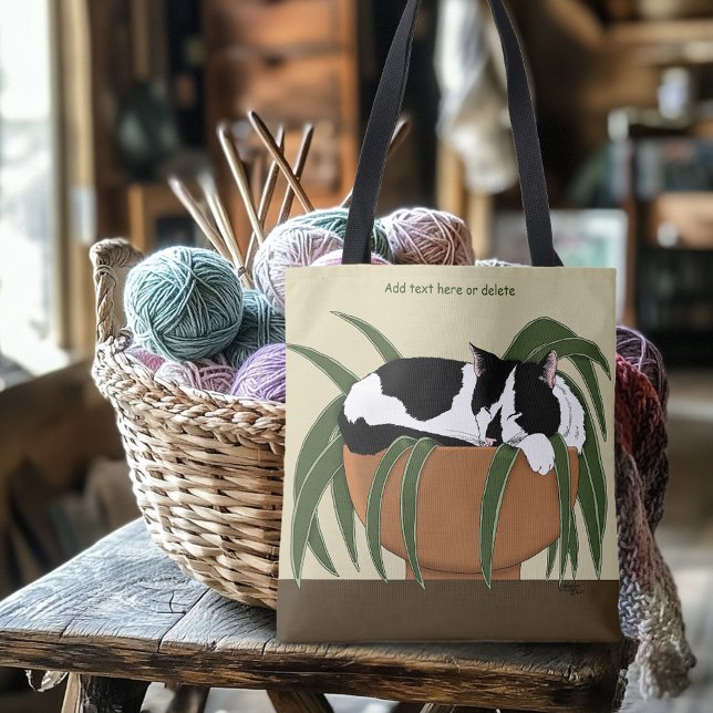 Cat Black White Plant Funny Tote Bag (Creator Uploaded)